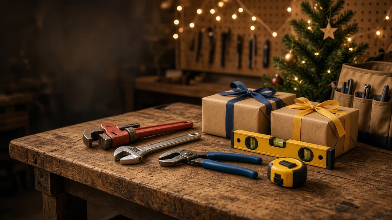 Pipe wrench, spanner, pliers, spirit level and tape measure on a workshop bench with wrapped gifts and a Christmas tree Pipe wrench, spanner, pliers, spirit level and tape measure on a workshop bench with wrapped gifts and a Christmas tree