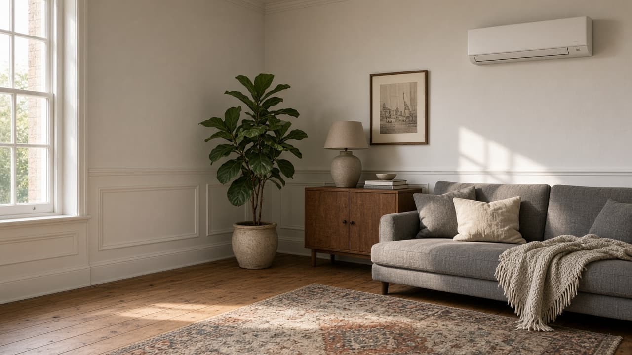 White wall-mounted air conditioner above the sofa in a London living room White wall-mounted air conditioner above the sofa in a London living room