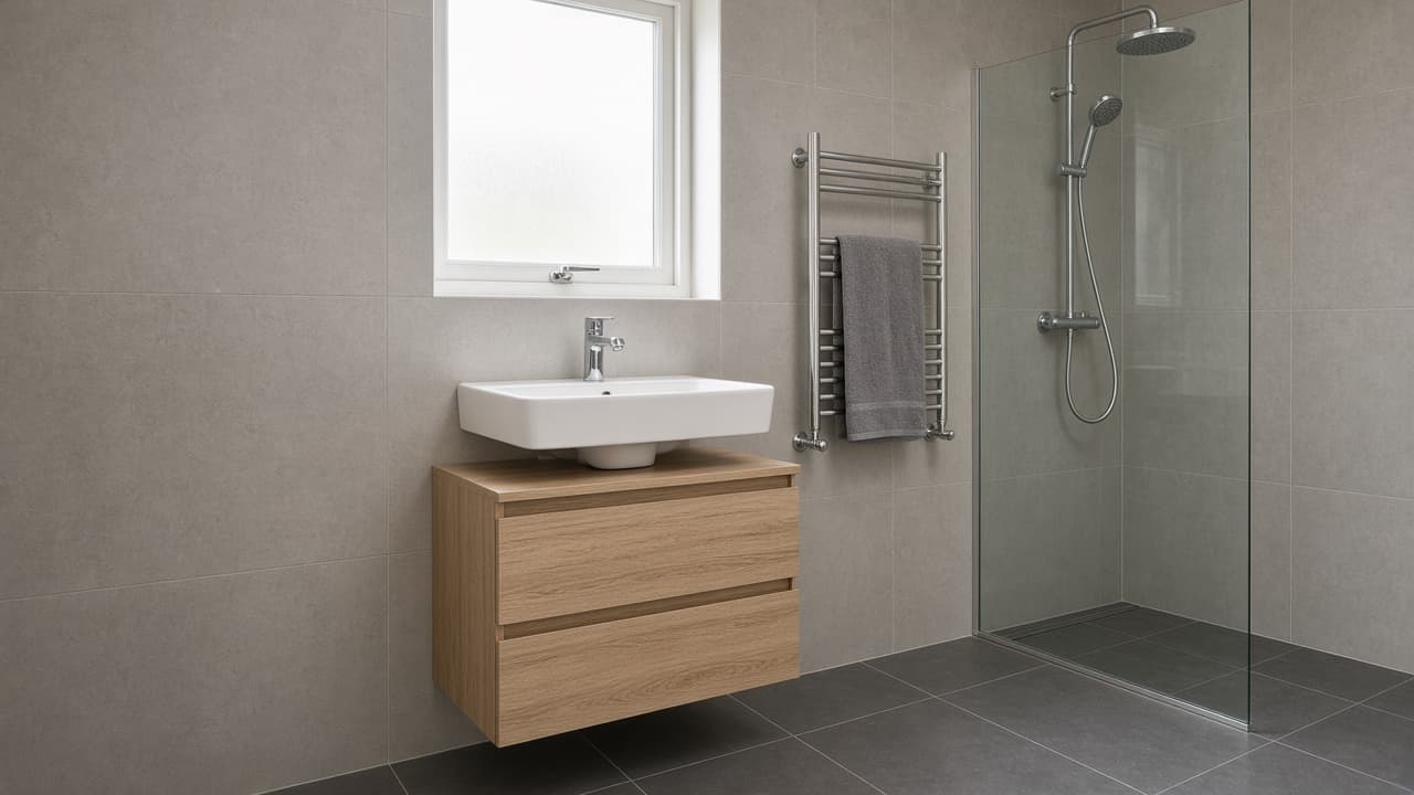 Newly fitted bathroom with a basin mixer, heated towel rail and thermostatic shower Newly fitted bathroom with a basin mixer, heated towel rail and thermostatic shower