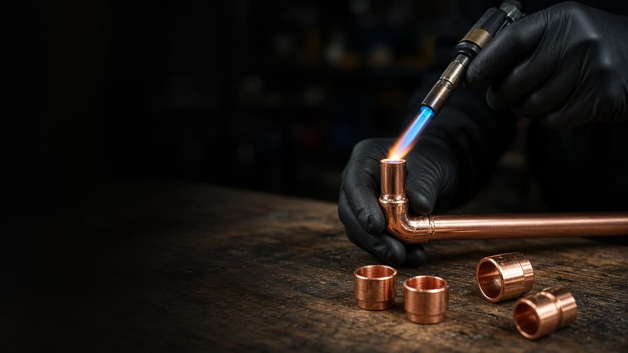 Plumber soldering a copper elbow joint with a blowtorch Plumber soldering a copper elbow joint with a blowtorch