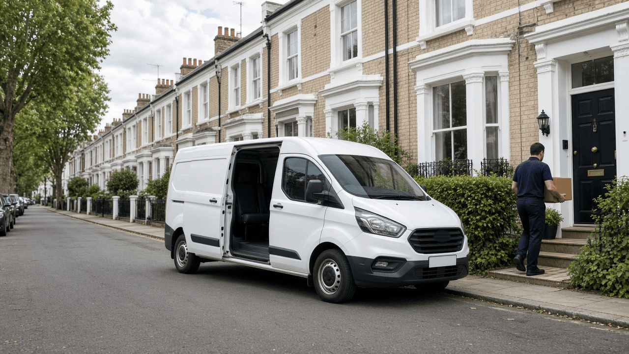 London Plumbing Supplies van delivering an order on a London street London Plumbing Supplies van delivering an order on a London street