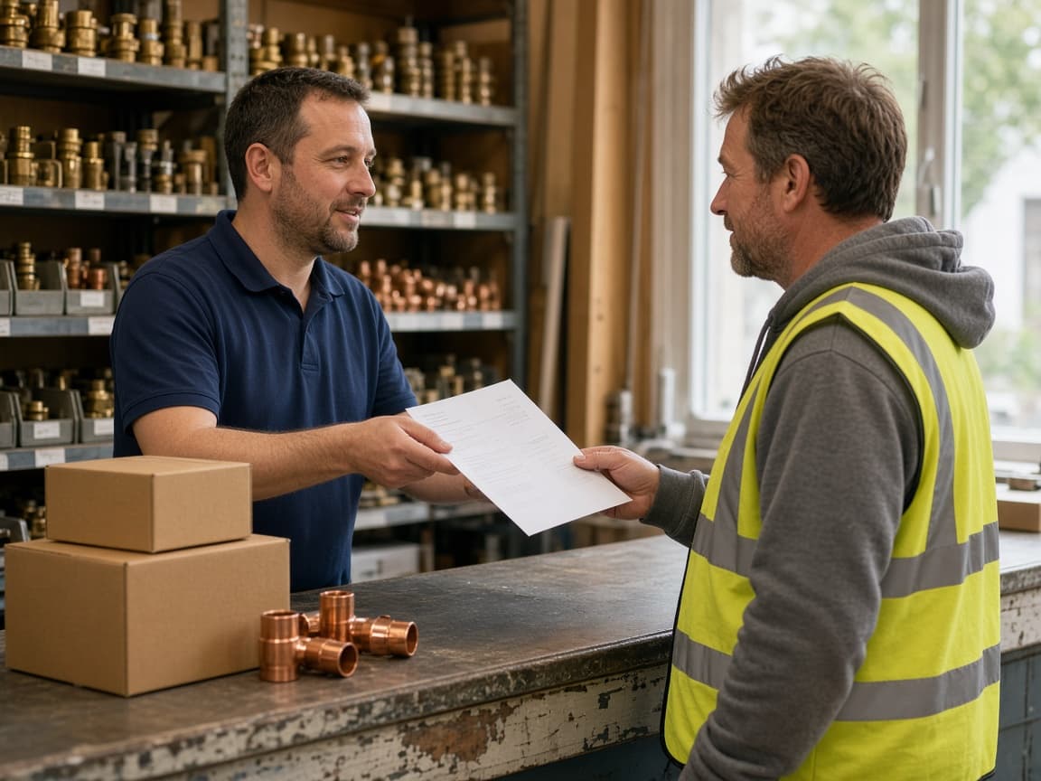 Counter staff handing a tradesman his order paperwork Counter staff handing a tradesman his order paperwork