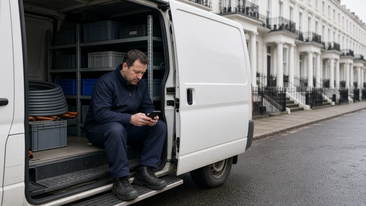 Plumber sitting in his van placing an order on his phone Plumber sitting in his van placing an order on his phone